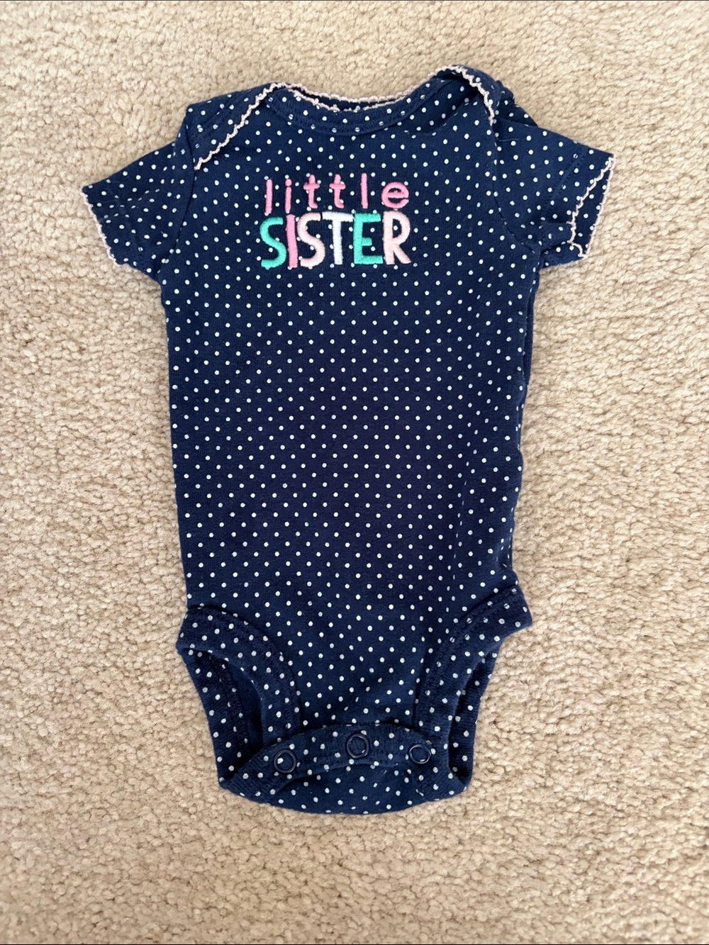 Baby One-Piece Bodysuit "Little Sister" – Navy Polka Dot